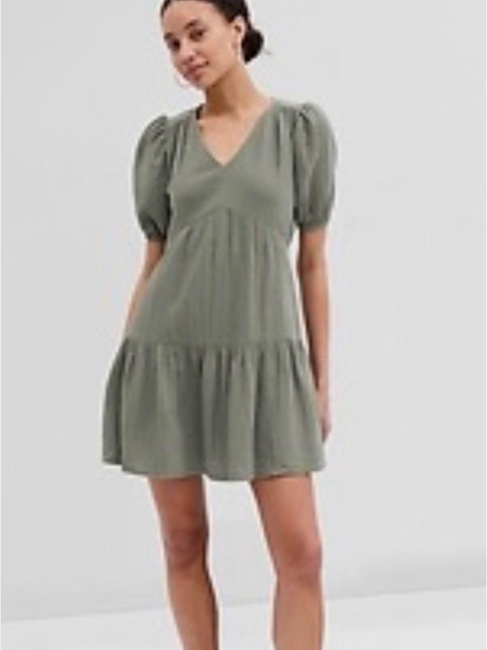 Gap Olive Green V-Neck Tiered Babydoll Dress